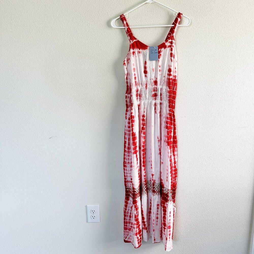 Studio West Maxi Dress Size M Orange White Tie Dye Lace Trim Sleeveless Boho NWT